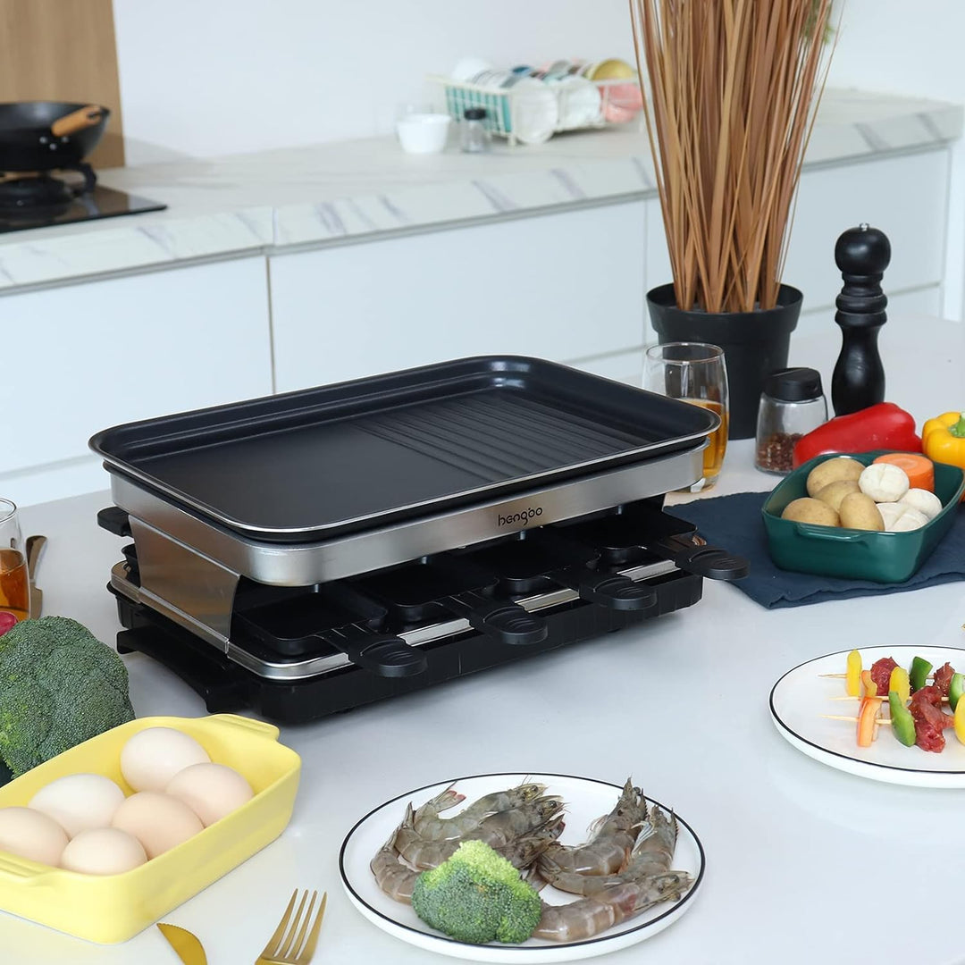 Raclette Grill 8 Personen Grillplatte Antihaftbeschichtet, Raclette mit 8 Mini Raclette Pfännchen &