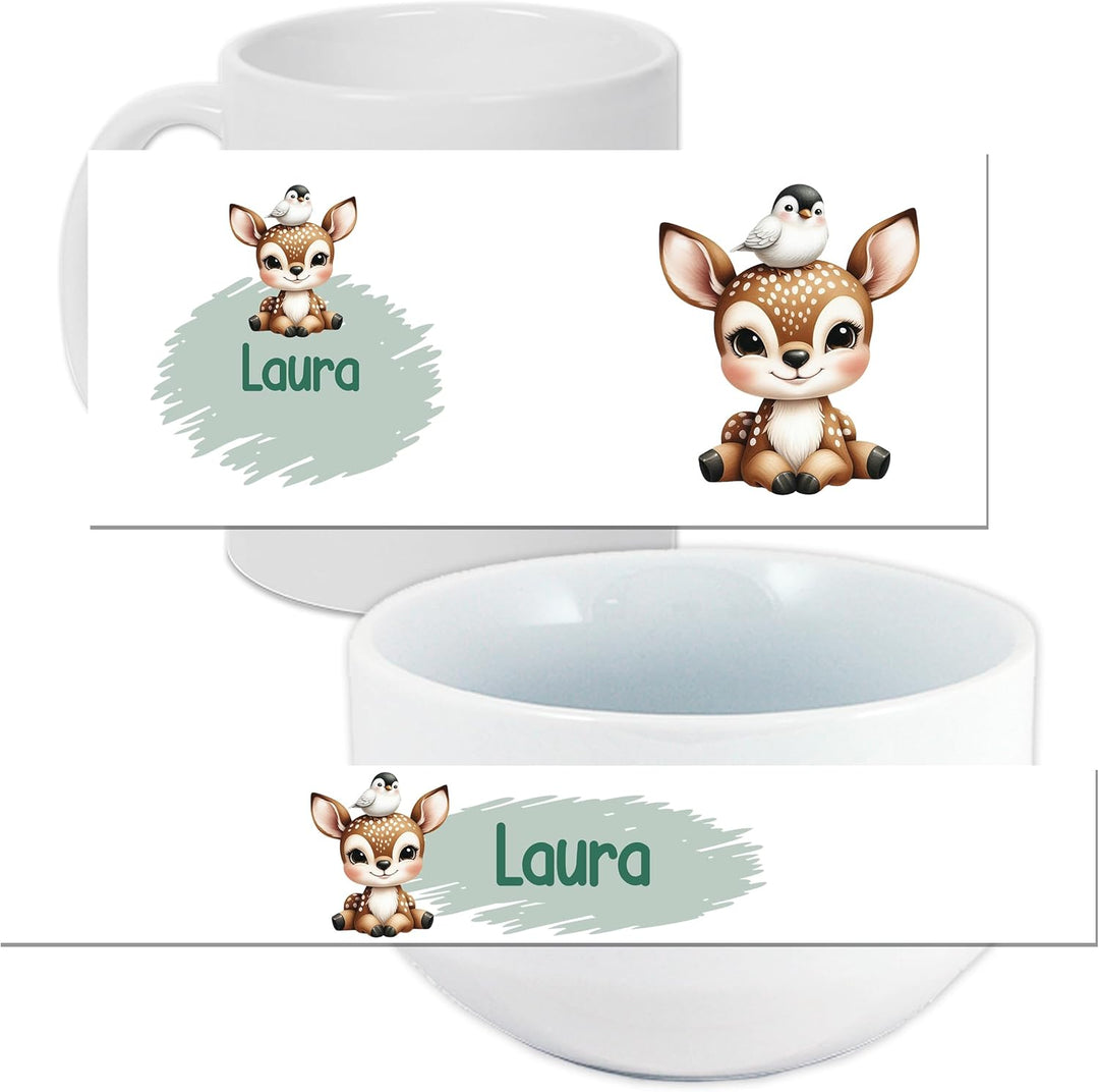 GRAZDesign Frühstückset Tasse mit Müslischale personalisiert für Kinder Rehkitz Motiv aus Keramik -
