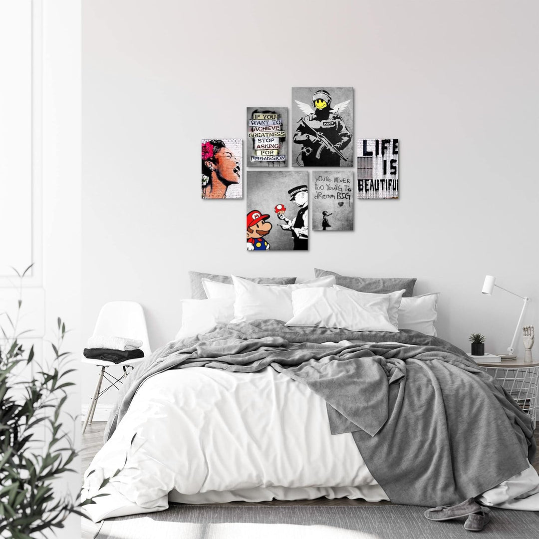 Novart Bilder Set - AUFHÄNGFERTIG - KEIN EXTRA RAHMEN BENÖTIGT - Banksy Collage Modern Street Art -