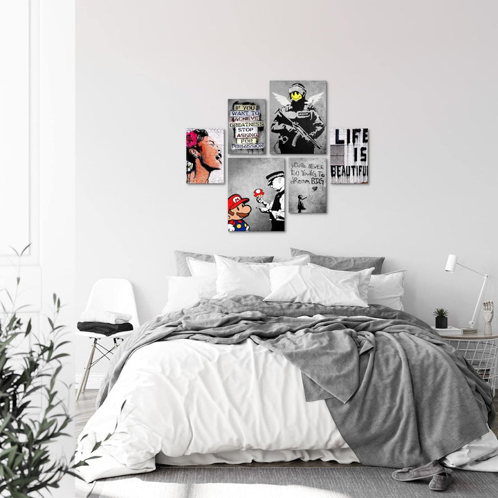 Novart Bilder Set - AUFHÄNGFERTIG - KEIN EXTRA RAHMEN BENÖTIGT - Banksy Collage Modern Street Art -