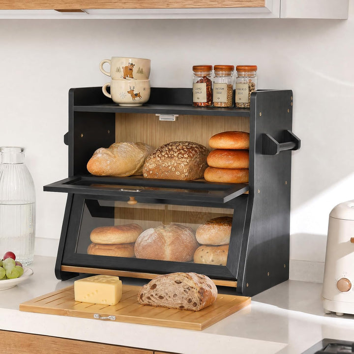 Bambus Brotkasten 2 Etagen Schwarz Brotkorb Holz Natürlich, Schwarz