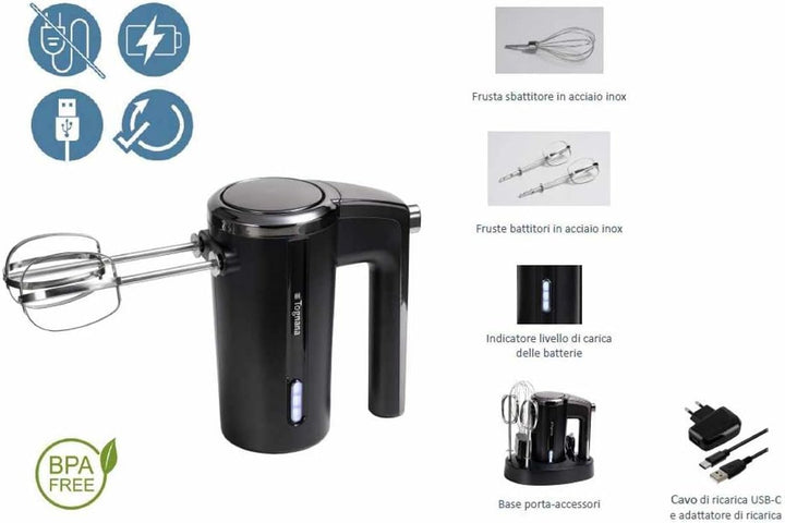 Tognana Avantspace Wiederaufladbarer Kabelloser Handmixer Kunststoff-Edelstahl Schwarz