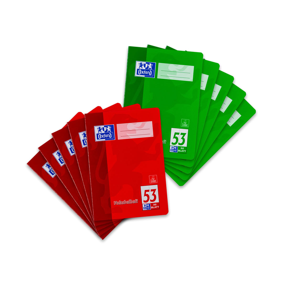 Oxford Vokabelheft, A5, Lin. 53 (2 Spalten), 32 Blatt, rot und grün, 10 Stück Single, Single