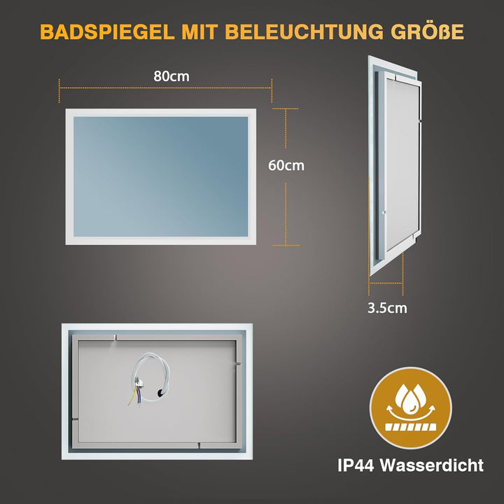Badezimmer Spiegel mit Beleuchtung, 80 x 60cm LED Spiegel Bad mit Licht, Antibeschlag, Badezimmerspi