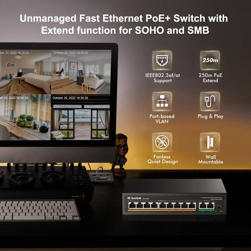 MokerLink 11 Port Poe Switch with 9 Port Poe+, 2 Fast Ethernet UpLink, 100Mbps, 120W 802.3af/at Poe,