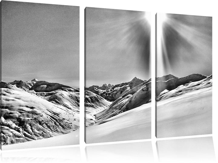 Pixxprint Monocrome, Schnee Berge 3-Teiler Leinwandbild 120x80 Bild auf Leinwand