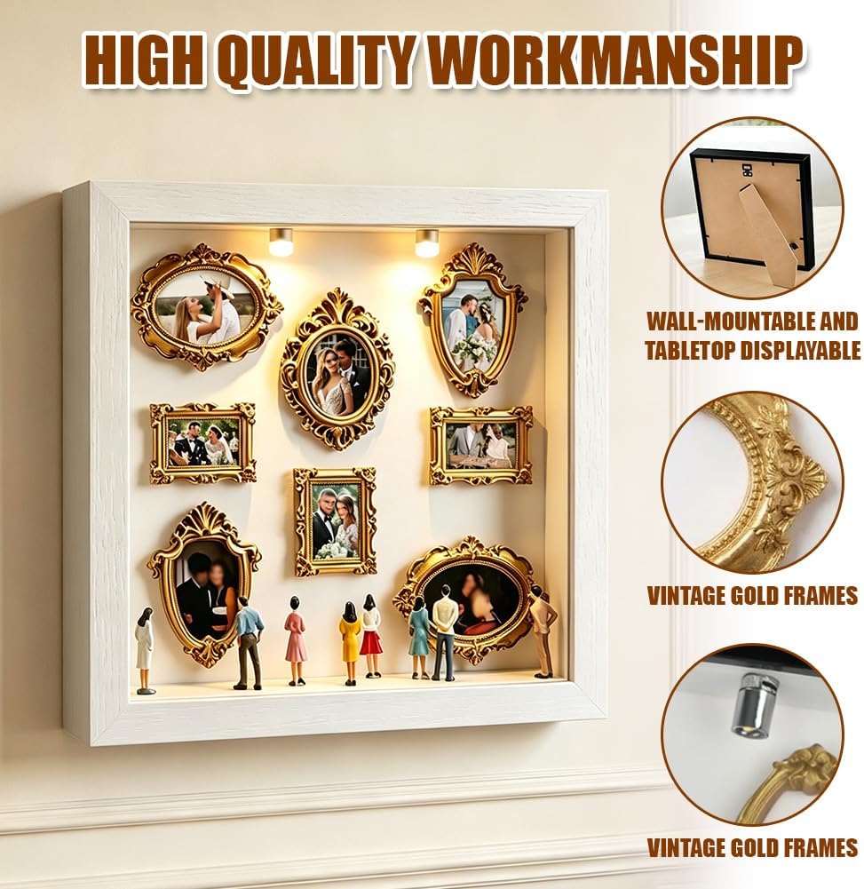 DIY Mini Museum Shadow Box mit LED Licht - Mini Bilderrahmen Vintage Set mit 8 Gold Rahmen & 8 Figur