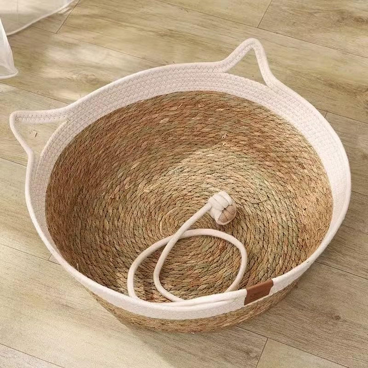 Katzenbett Rattankorb, Rund Katzenkorb Haustierbett, Handgefertigter Katzenhütte Katzenhöhle，Bett fü