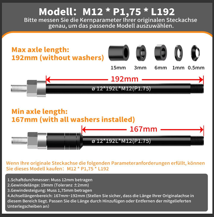 NICEDACK Steckachse M12 x 1,75-167-192 mm mit Adapter für Fahrradanhänger Kupplung, Einstellbare Sch