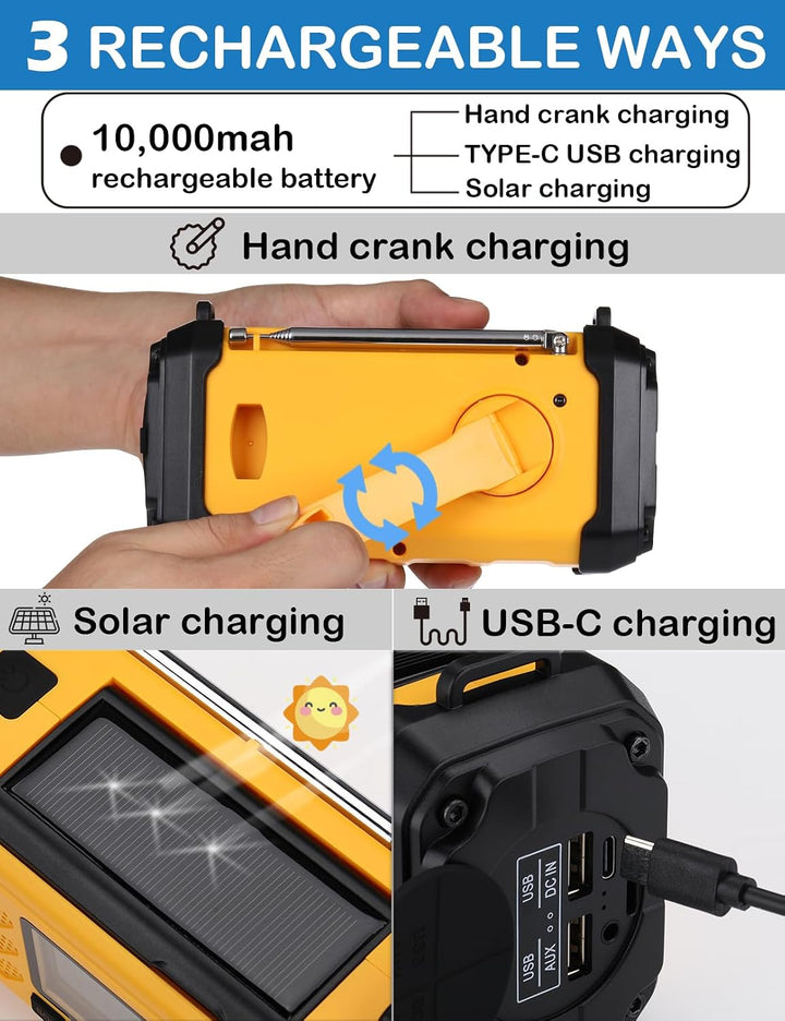 ZHIWHIS Notfall-Radio mit Bluetooth, 10000mAh FM/AM/SW/VHF/NOAA Wetterradios mit Warnungen, Handkurb