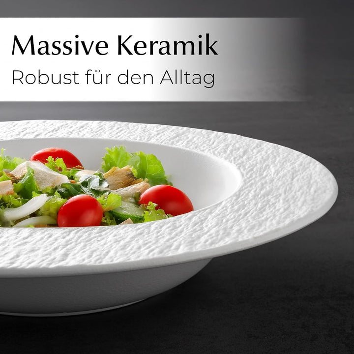 MIAMIO - Suppenteller Set/Pastateller, Keramik (650ml) - Oasis (Weiss) | Keramik Suppenteller Set, 4