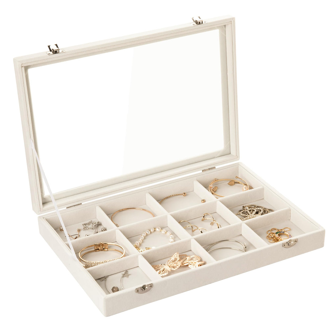 Frebeauty Schmuck Tablett 12 Gitter Samt Schmuck Organizer Aufbewahrungsbox mit klarem Deckel Schubl