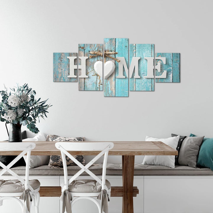 Runa Art Wandbilder Home 5 Teilig Bild auf Vlies Leinwand Deko Wohnzimmer Holzoptik Türkis Grau 0148