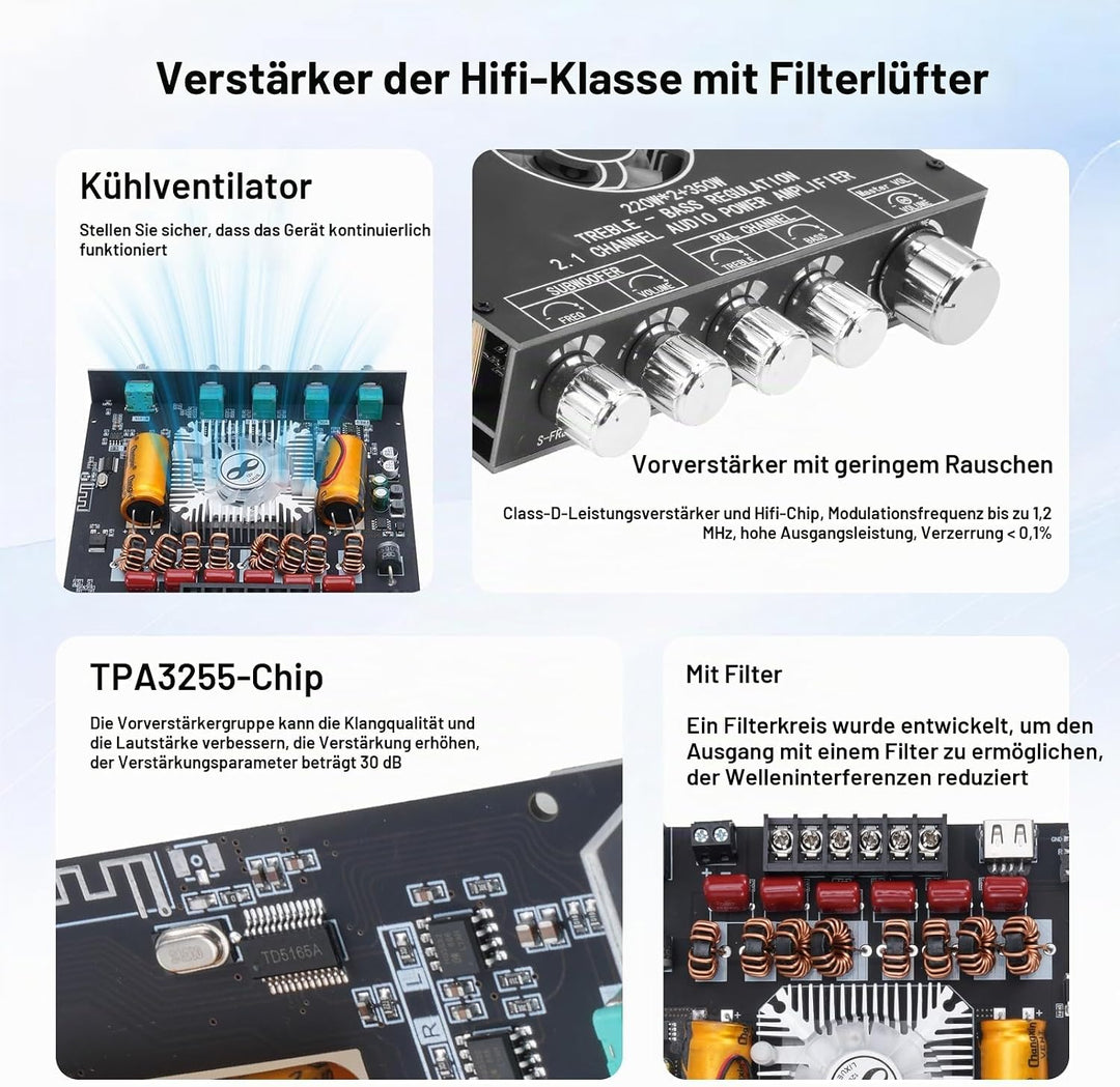 YS-AS21 HiFi Verstärker mit Bluetooth Mini Stereo-Audioverstärker 2.1 Kanal 220W x2 + 350W Stereo Mi