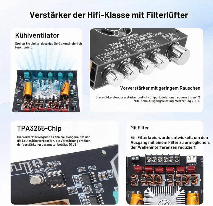 YS-AS21 HiFi Verstärker mit Bluetooth Mini Stereo-Audioverstärker 2.1 Kanal 220W x2 + 350W Stereo Mi