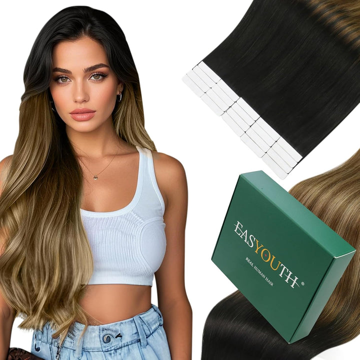Easyouth Remy Echthaar Tape Extensions Tape in Skin Weft Extension Farbe Off Black Mix Mittelbraun u