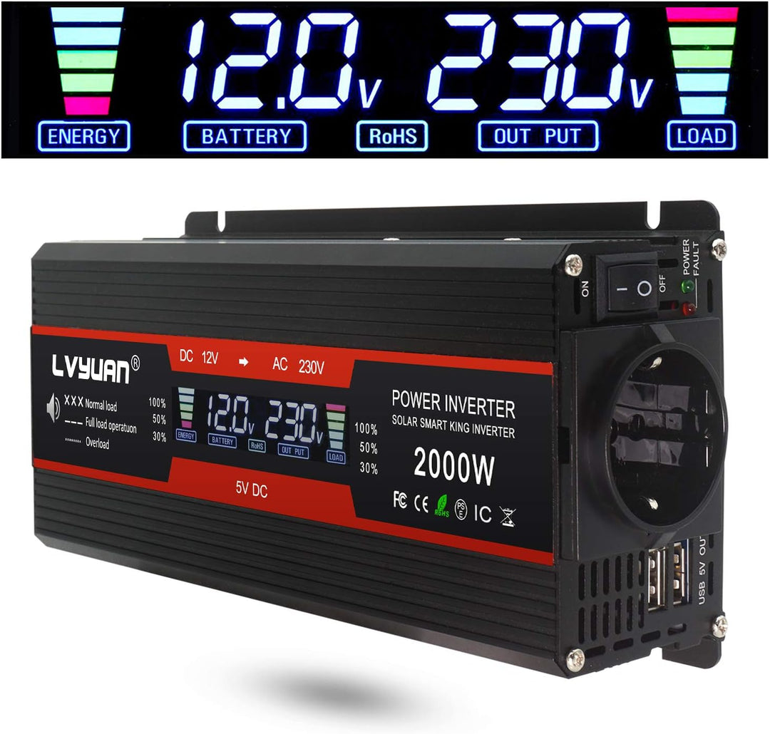 LVYUAN Spannungswandler 12V 230V 1000W / 2000W Wechselrichter LCD mit 2