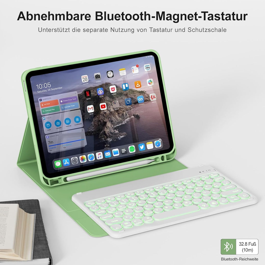 Hülle mit Tastatur für iPad A16 11/10 Generation (2025/2022, 11/10.9 Zoll), 7 Farben Beleuchtete Abn
