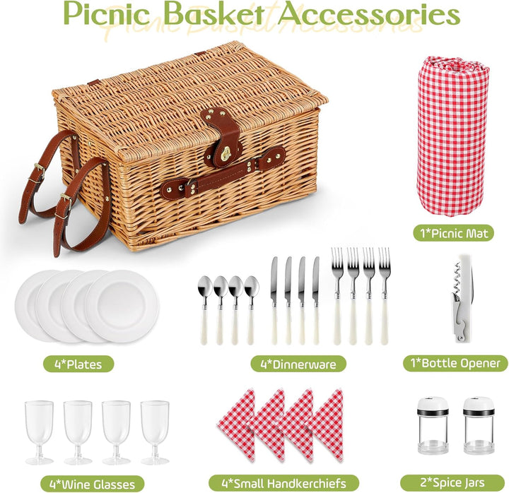 Picknickkorb für 4 Personen, handgeflochtener Korb mit eingebauter Isolierung und wasserdichter Deck