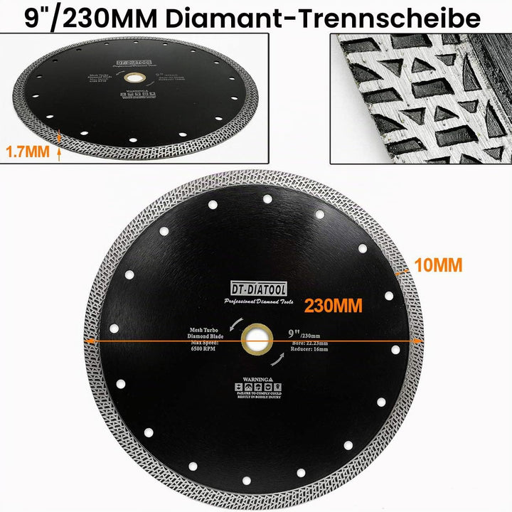 DT-DIATOOL Diamant Trennscheibe 230 mm x 22,23 mm/16 mm Sägeblatt mit Mesh Turbo für Porzellan Flies