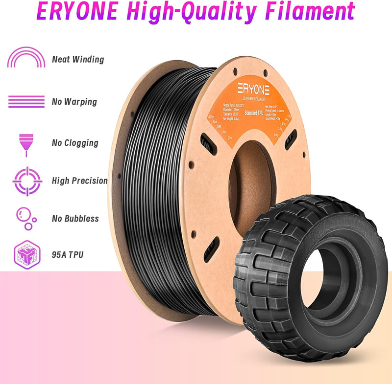 ERYONE TPU Filament 1.75mm, 3D Drucker Filament TPU 0.5kg 1 Spool, -0.05mm, Schwarz A-TPU-Schwarz, A