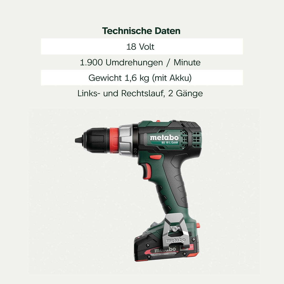 metabo Akku-Bohrschrauber BS 18 L Quick - 18V, 60Nm Drehmoment - Überlastschutz, kompakt & leistungs