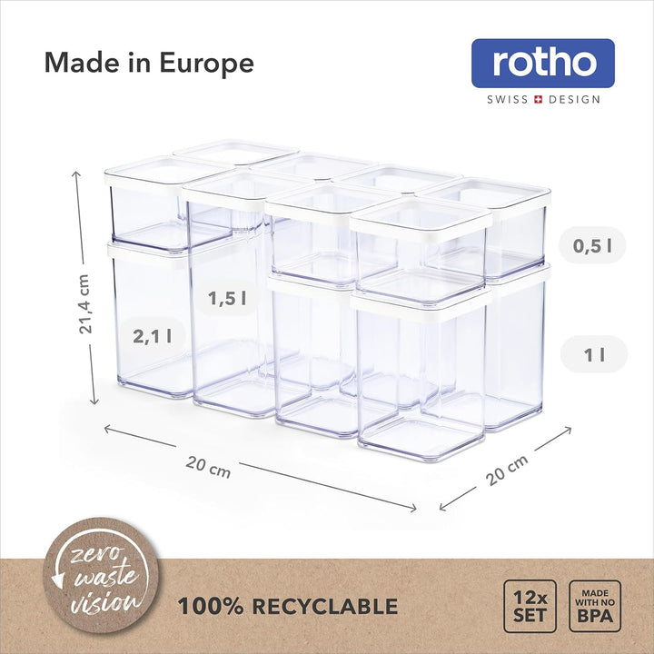 Rotho LOFT 12er-set Vorratsdosen mit Deckel, stapelbar, aromadicht, spülmaschinenfest, 40×20×21,4 cm