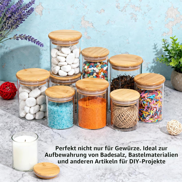 Gewürzgläser Gross, Gewürzgläser leer mit Etiketten 240 ml 12 Stück, Gewürzdosen rund mit Holzdeckel