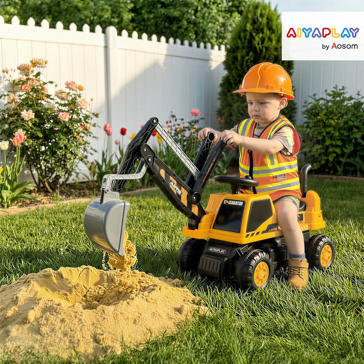 AIYAPLAY Sitzbagger Aufsitzbagger mit Schaufel Lenkrad Kinderbagger mit drehbar Aufbau verstellbar R