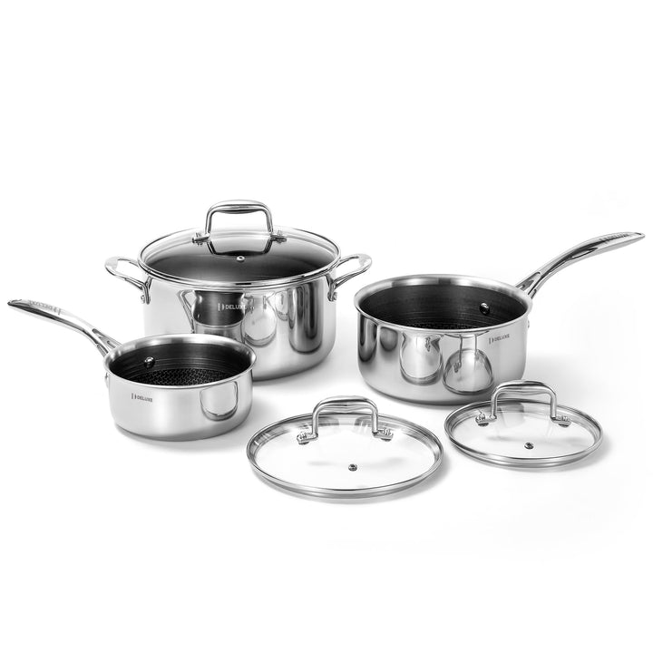 DELUXE Hybrid-Antihaft-Topf-Set, 6-teilig,Töpfe mit Deckel aus gehärtetem Glas, kühlbleibende Griffe