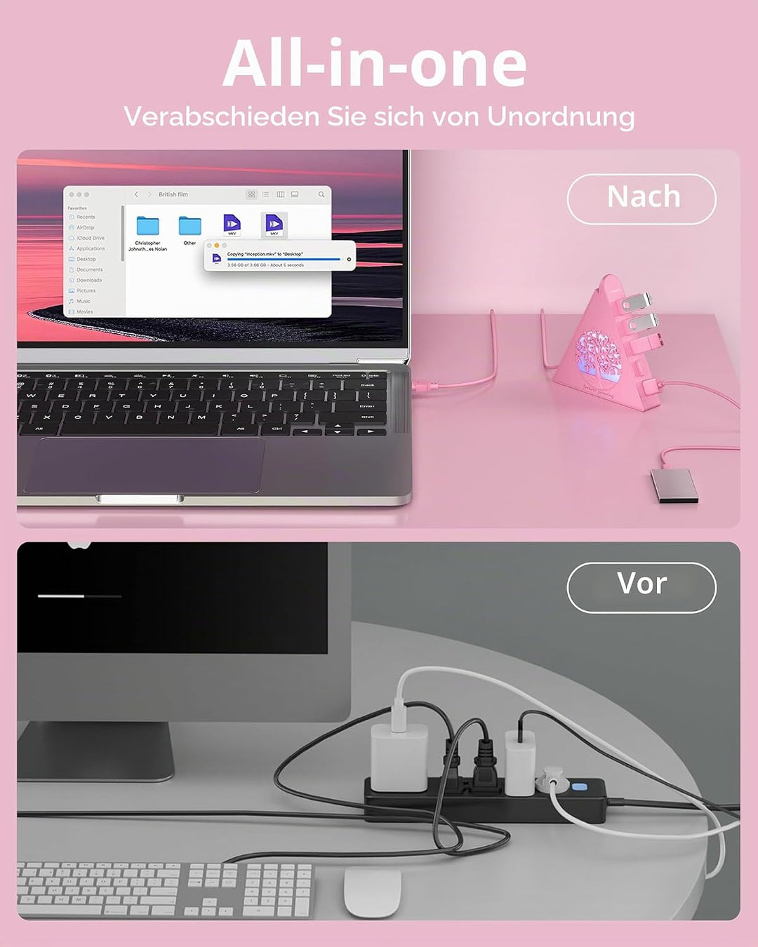 7-Port USB 3.0 Hub, RGB USB Hub mit RGB Baumlicht und 0,6m Kabel, USB Hub 3.0 Rosa USB Expander für