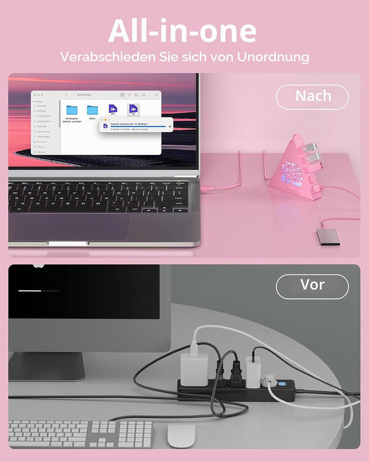 7-Port USB 3.0 Hub, RGB USB Hub mit RGB Baumlicht und 0,6m Kabel, USB Hub 3.0 Rosa USB Expander für