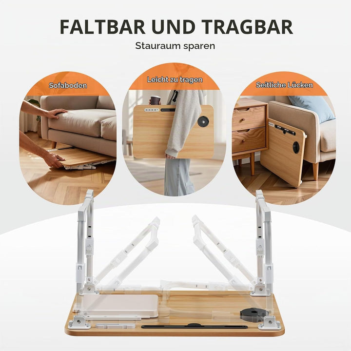 Warmiehomy Laptoptisch fürs Bett, Höhenverstellung Tablettisch mit klappbaren Beinen &amp; Getränkehalte