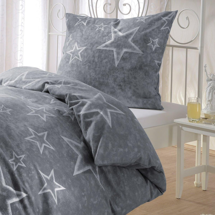 Biber Bettwäsche Sterne anthrazit – warme Winterbettwäsche aus 100% Baumwolle – flauschig weich & at