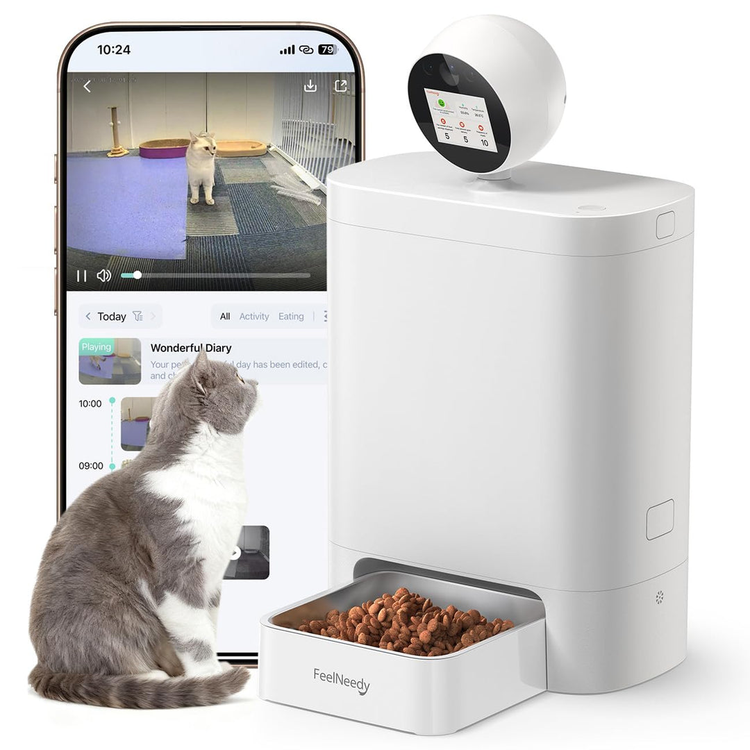FEELNEEDY 5.5L Futterautomat Katze mit 3MP HD-360° Kamera, 2,4G/5G WiFi KI Katzenfutter Automat mit
