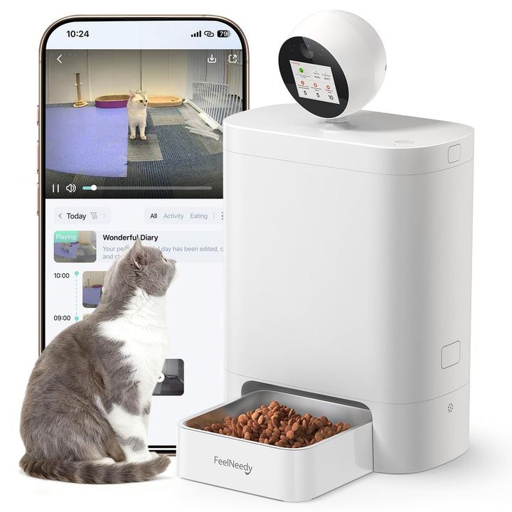 FEELNEEDY 5.5L Futterautomat Katze mit 3MP HD-360° Kamera, 2,4G/5G WiFi KI Katzenfutter Automat mit