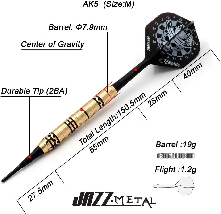 CUESOUL Jazz-Metal 19g Soft Tip Dart Set aus schwarz beschichtetem Messing mit integrierten AK5 Flig
