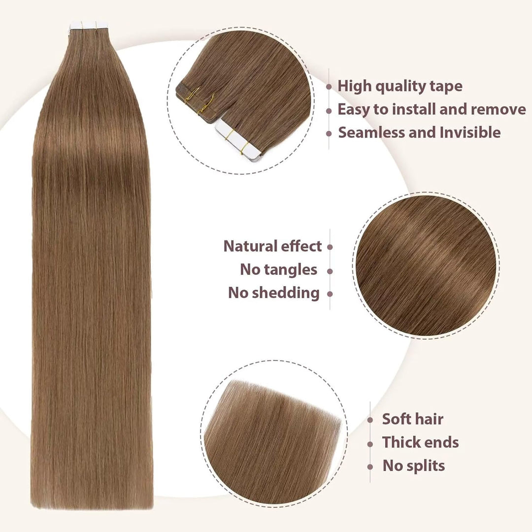 TESS Tape Extensions Echthaar #6 Mittelbraun 50 cm Echthaar Haarverlängerung 20 Stücke Glatt Remy Ta