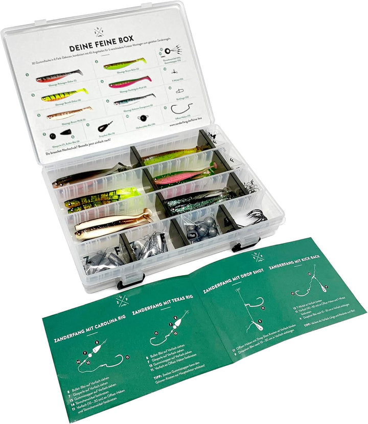 Zanderfang Finesse Angelset 95-teilig – Gummiköder Set mit 30 Gummifischen, Offset-Haken & Box – Dro