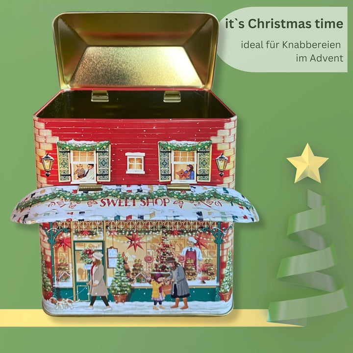 MediMuc Kleines Haus Winter Sweet mit Vordach - Dose, Gebäckdose, Geschenkdose, Sammlerdose - Volume