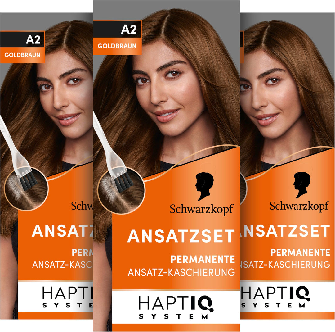 Schwarzkopf Ansatzset A2 Goldbraun Stufe 3 (3 x 44,5 ml), dauerhafte Haarfarbe zum Haaransatz kaschi