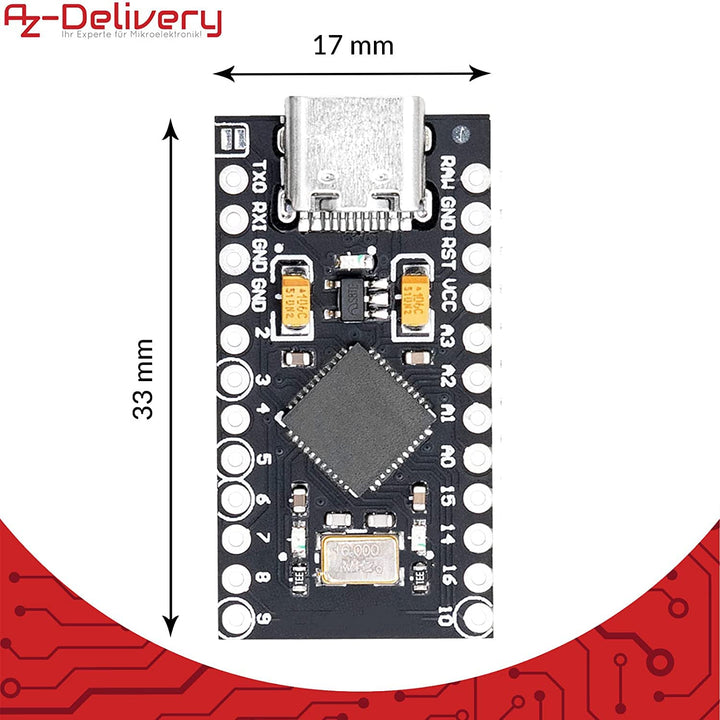 AZDelivery Pro Micro ATMEGA32U4 5V/16MHZ Entwicklungsboard Mikrocontroller Modul mit Bootloader IDE