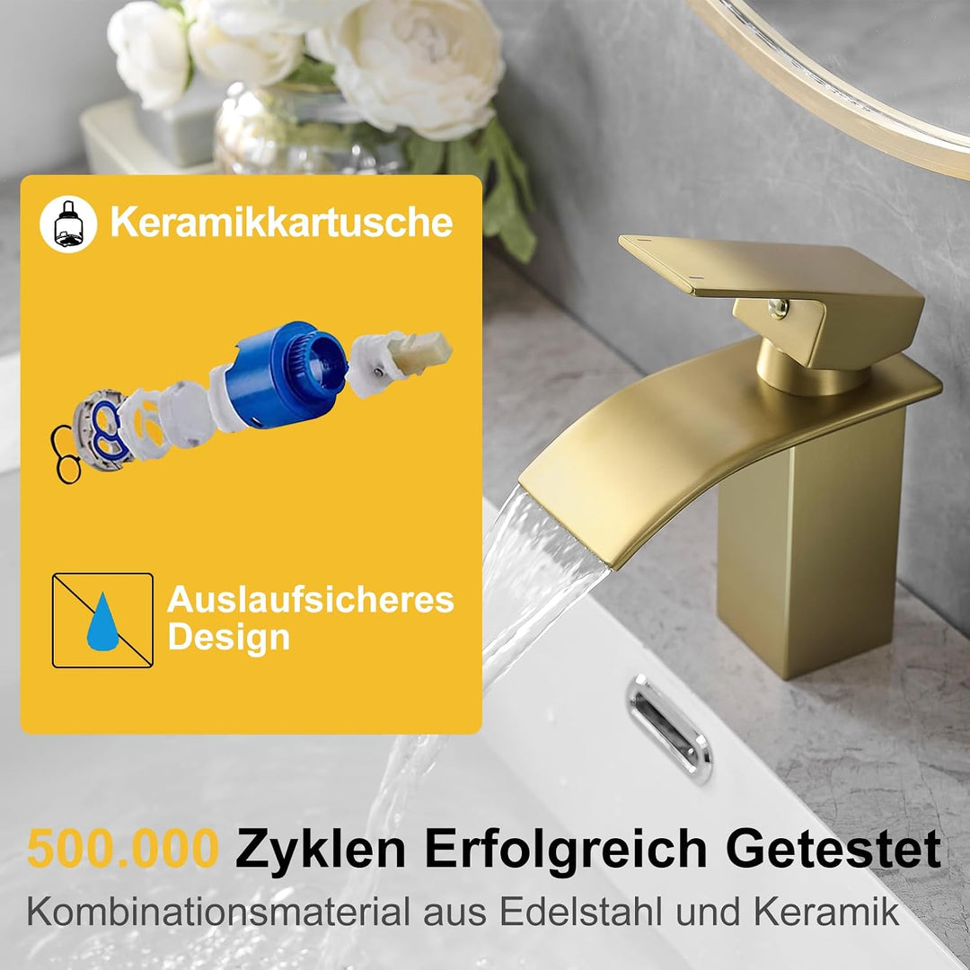 BESy Wasserfall Auslauf Badezimmer Waschtischarmatur, Einhebel-Waschtischmischbatterie, RV Waschbeck