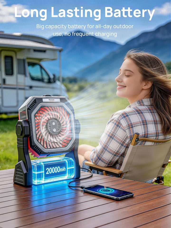 Camping Ventilator mit Wasserkühlung, 20000mAh Ventilator Akku Leise mit LED Licht, USB Tragbarer Ze