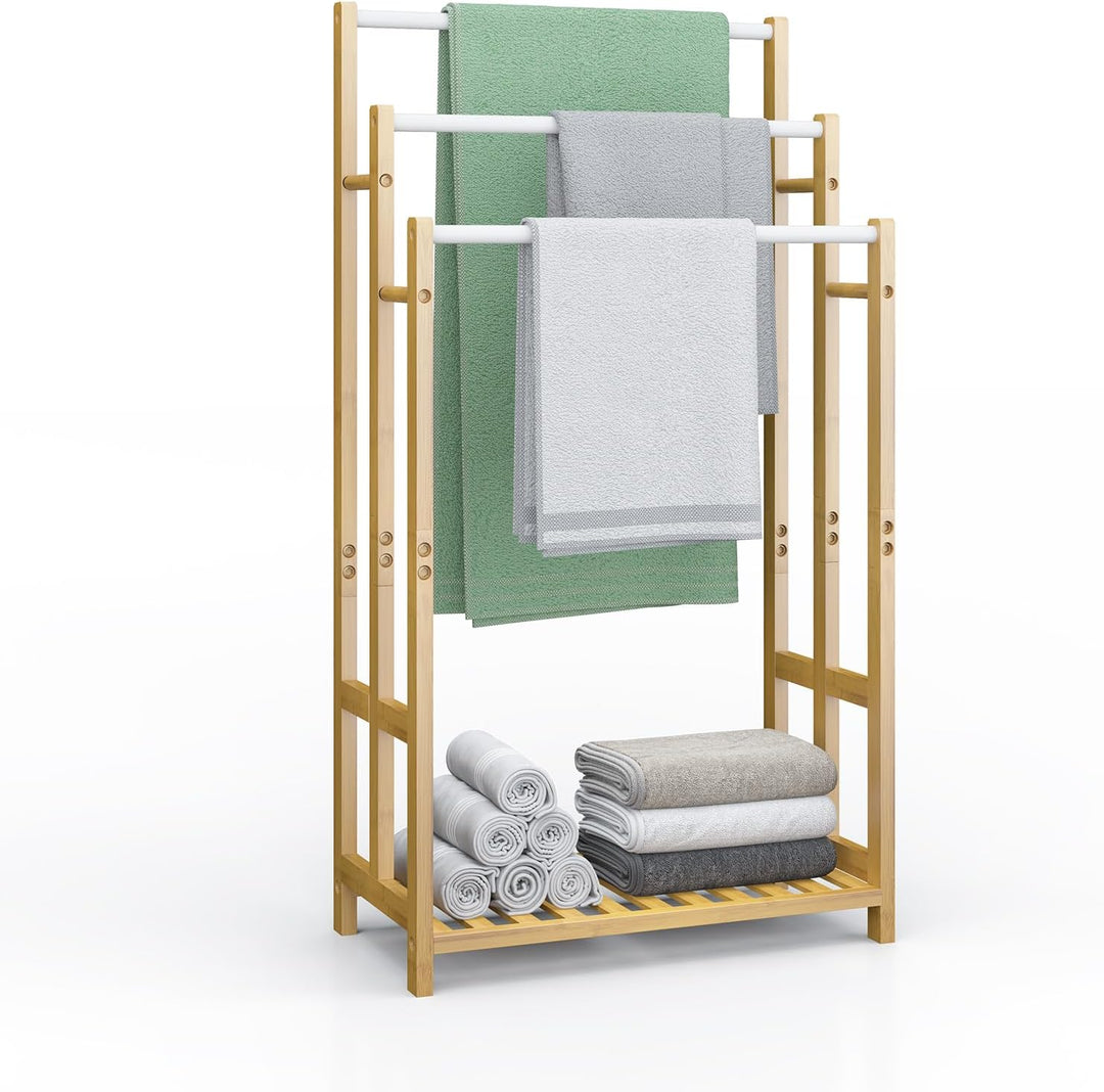 Dripex Freistehender Handtuchhalter Bambus Höhe 86 cm Handtuchständer Badetuchhalter mit 3 Edelstahl