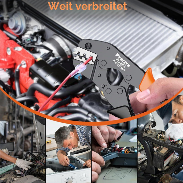 Preciva Crimpzange-Set mit 300 Flachsteckhülsen für 2,8-6,3 mm (0,5-2,5 mm² / AWG 22-14) – Ergonomis