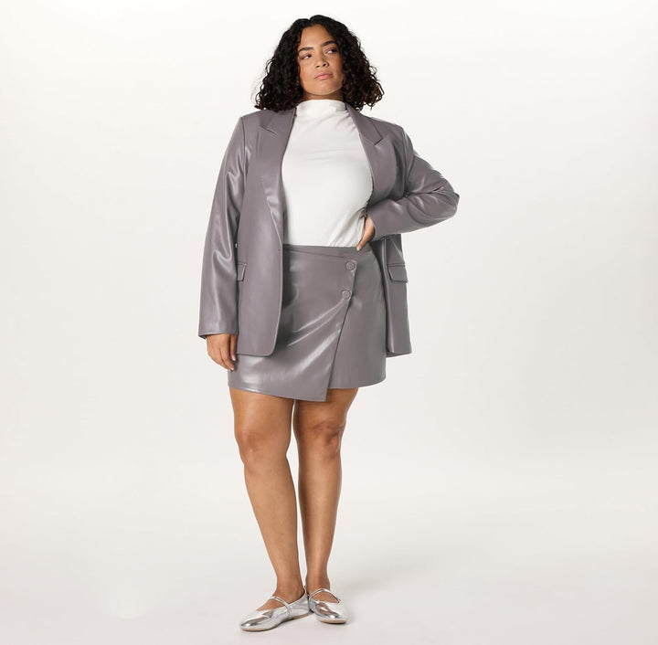 The Drop Damen Portia Mini-Wickelrock aus Veganem Leder Minirock XXL Grosse Grössen Tornado, Grau, X