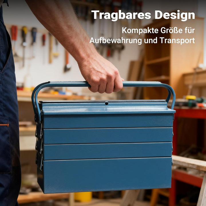 Wiltec Werkzeugkiste 530x200x250mm aus Stahl mit 7 Fächern, beständiger Werkzeugkasten mit Handgriff