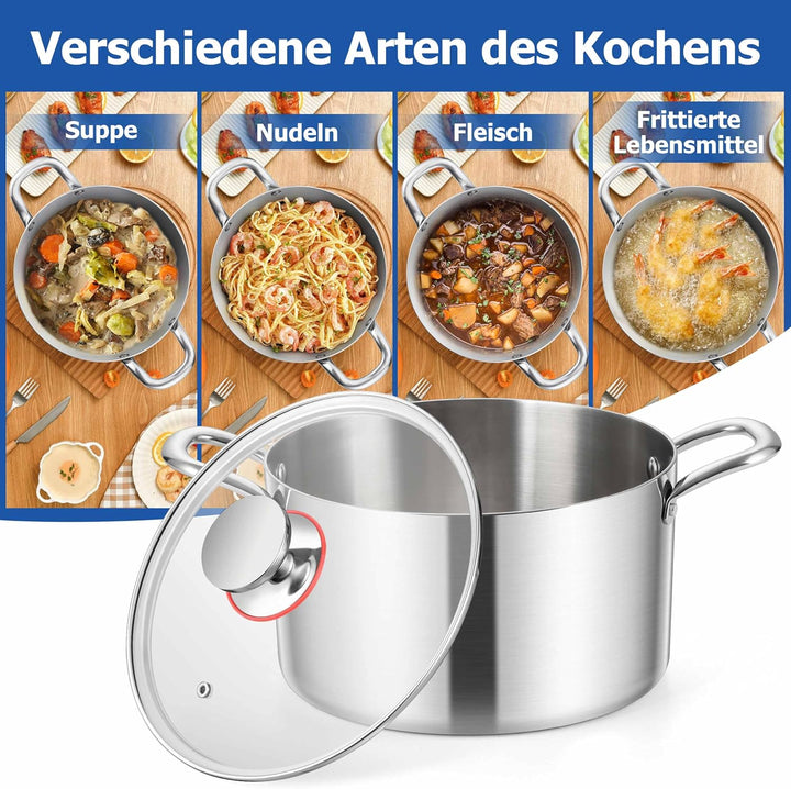 Homikit Kochtopf Gross 6,6L, Topf Induktion mit Glasdeckel, Nudeltopf Fleischtopf aus 3-Lagen Edelst