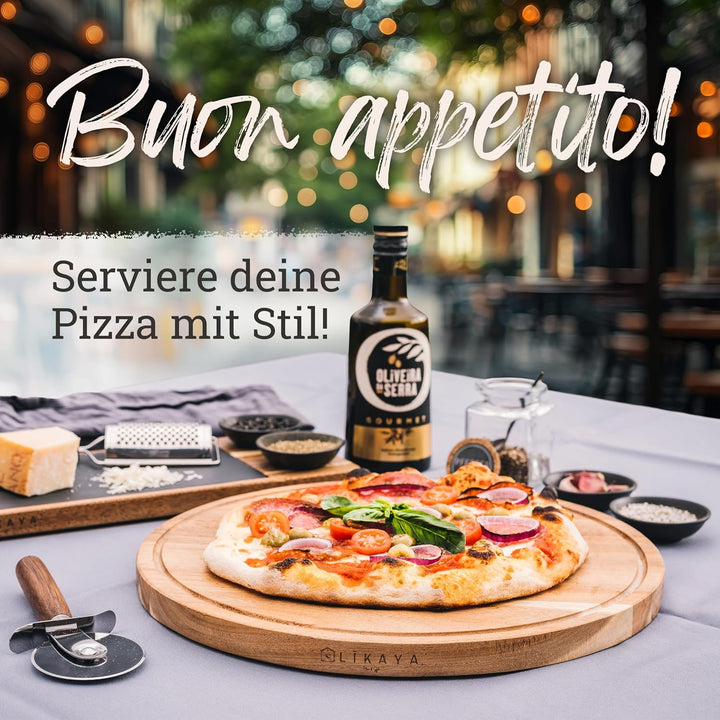 LIKAYA® Pizzabrett/Pizzateller 'MARIO' 2er Set rund mit Pizzaschneider [⌀35cm gross] aus FSC®-zertif